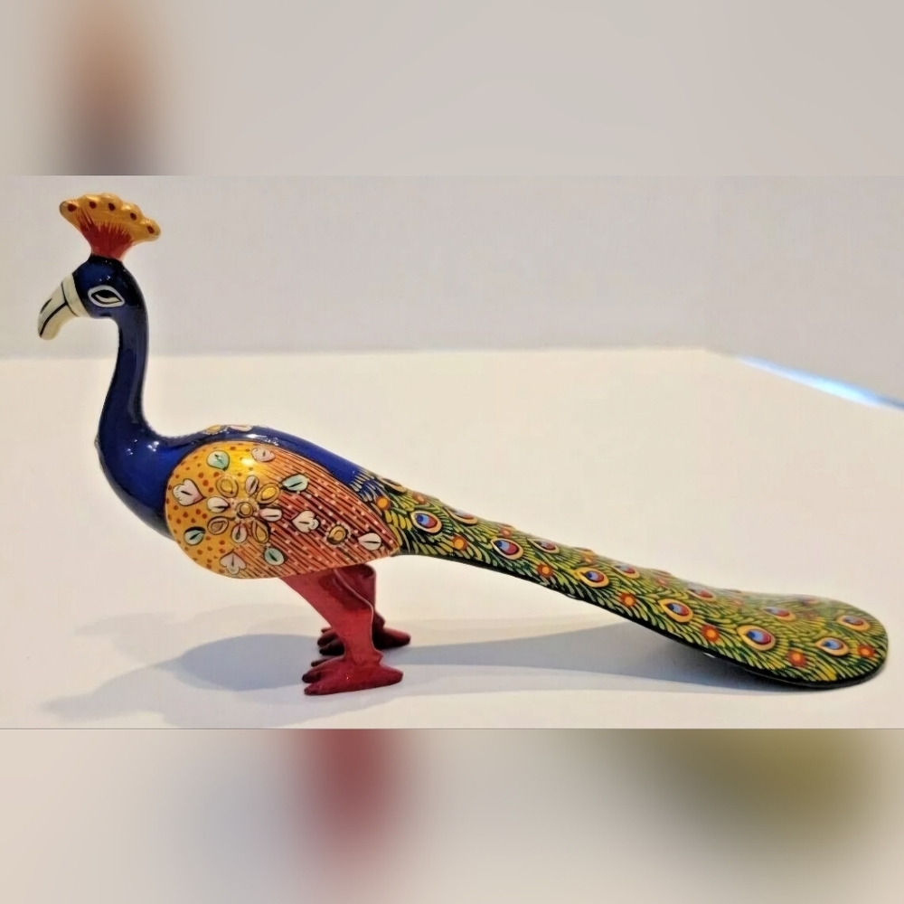 Handcrafted 9" Colorful Peacock Figurine Enamel Handpainted India Pre-owned - Picture 2 of 10